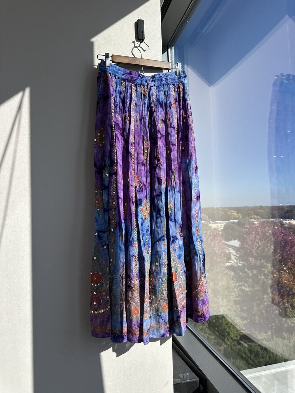 Boho Gypsy Sequin Multicolor Tie Dye Crinkle Broomstick Festival Maxi Skirt